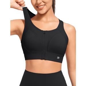 Yvette High Support Sports Bras for Women Zip Front Closure Sports Bra Plus Size Supportive Mold Cups Running Workout,Black,S+