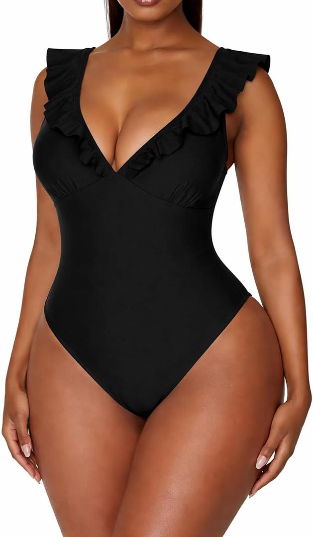 Ruffle One Piece Swimsuit for Women Tummy Control Deep V (Black, L)