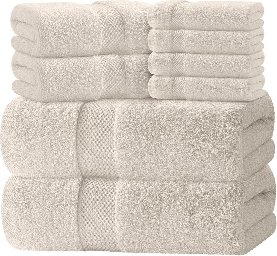 White Classic Luxury Bath Towel Set of 8 Pieces - 100% Turkish Cotton Highly Absorbent Towels for Bathroom, 2 Luxury Bath Towels 700GSM, 2 Hand Towels, 4 Washcloths, Ivory, 16"x30" inc