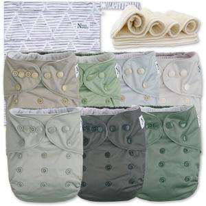 Nora's Nursery Morning Dew Cloth Diapers 7 Pack with 7 Inserts & 1 Wet Bag - Waterproof Cover, Washable, Reusable & One Size Adjustable Pocket Diapers for Newborns and Toddlers