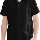 OEBLD Boys Cuban Guayabera Shirt Short Sleeve Button Down Shirts V Neck Cotton Linen Shirts (7-8 Years, Black)
