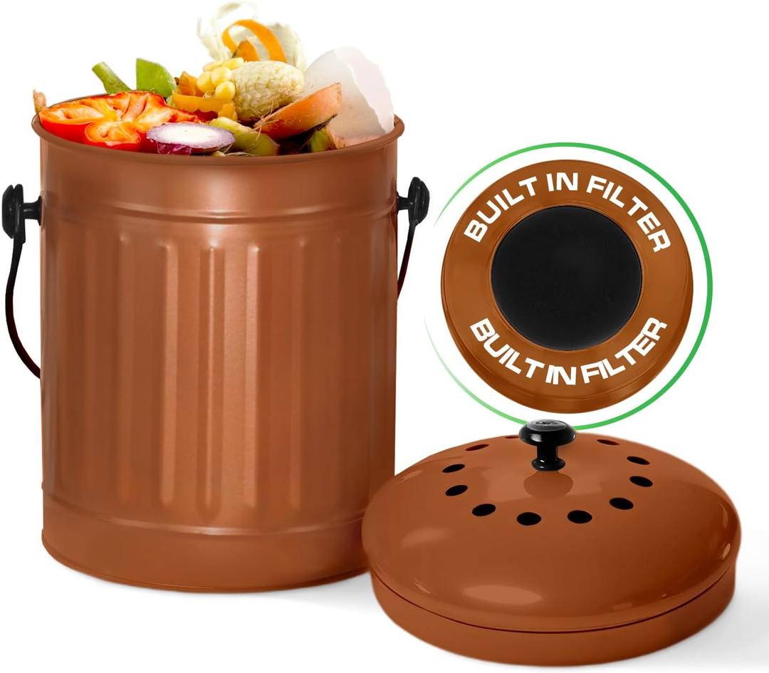 Plexon Countertop Compost Bin with Lid, Copper 1.5 Gallon Odorless Kitchen Compost Container, Steel Food Bucket Pail for Kitchen with Charcoal Filter, Bronze