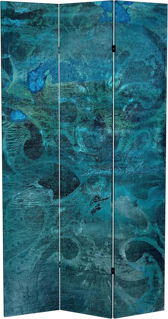 Red Lantern 7 ft. Tall Double Sided Deep Blue Sea Canvas Room Divider 3 Panel Freestanding Partition and Separator for Modern and Contemporary Bedroom, Home Office, Studio, Dorm, Apartment
