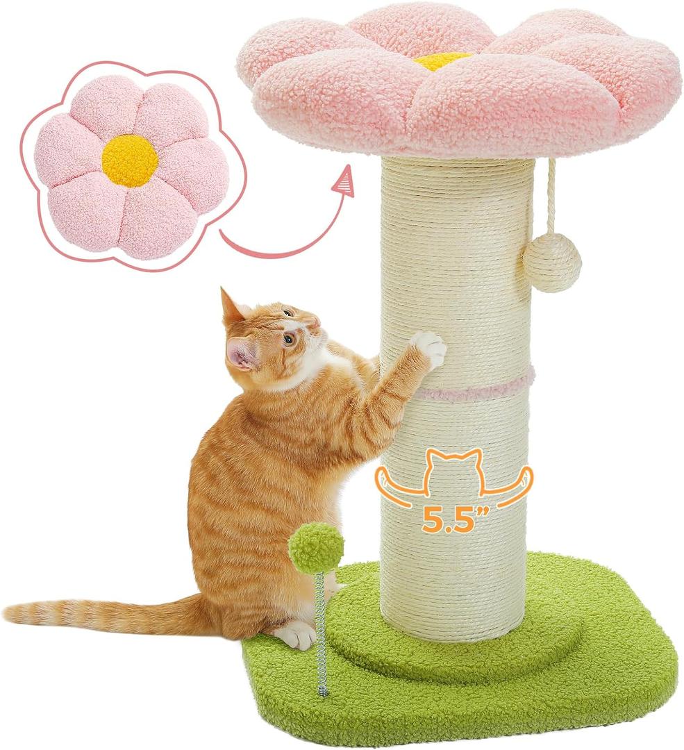 PEQULTI Flower Cat Scratching Post, Small Cat Tree, Scratcher for Indoor Cats with Super Thick Scratching Post [Dia=5.5''], Removable Flower Bed, Cat Scratch Post with Spring Ball, Pink