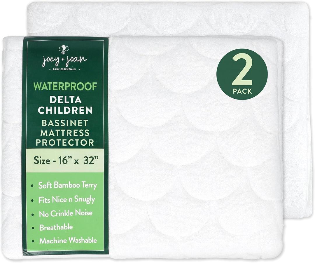 Joey + Joan Waterproof Bassinet Mattress Pad Cover Compatible with Delta & Simmons Bassinet 2 Pack Quilted Mattress Protector Made from Ultra Soft Bamboo Viscose Terry 16" x 32"