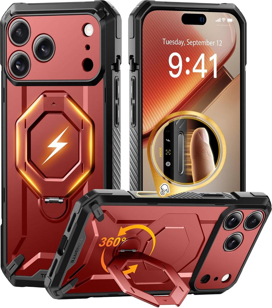TONGATE for iPhone 17 Pro Max Case with 360° Spin Magnetic Stand, [Military-Grade Protection]  iPhone 17 ProMax, Red