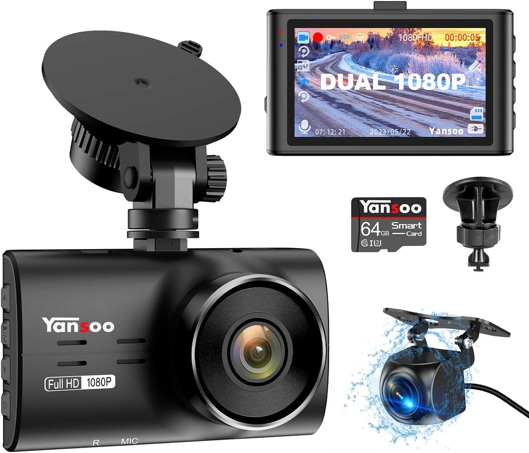 Dash Cam Front and Rear with 64GB Card,Dual 1080P Dash Camera for Cars with 2 Suction Cup,3" IPS Screen Dashcams for Cars with Night Vision,Loop Recording,170 Wide Angle,G-Sensor,Parking Mode