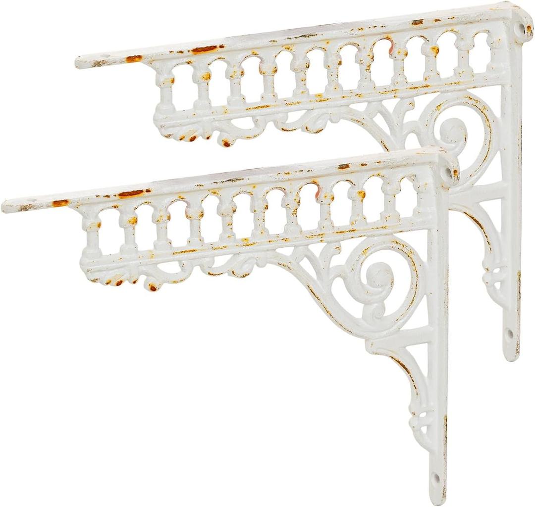 Sungmor 10.6 Inch Cast Iron White Brackets for Shelves, 2PC Vintage Metal Decorative Angle Support Doorway Bracket, Heavy Duty Victorian Shelves Corbels, Wall Mounted Floating Shelf Bracket