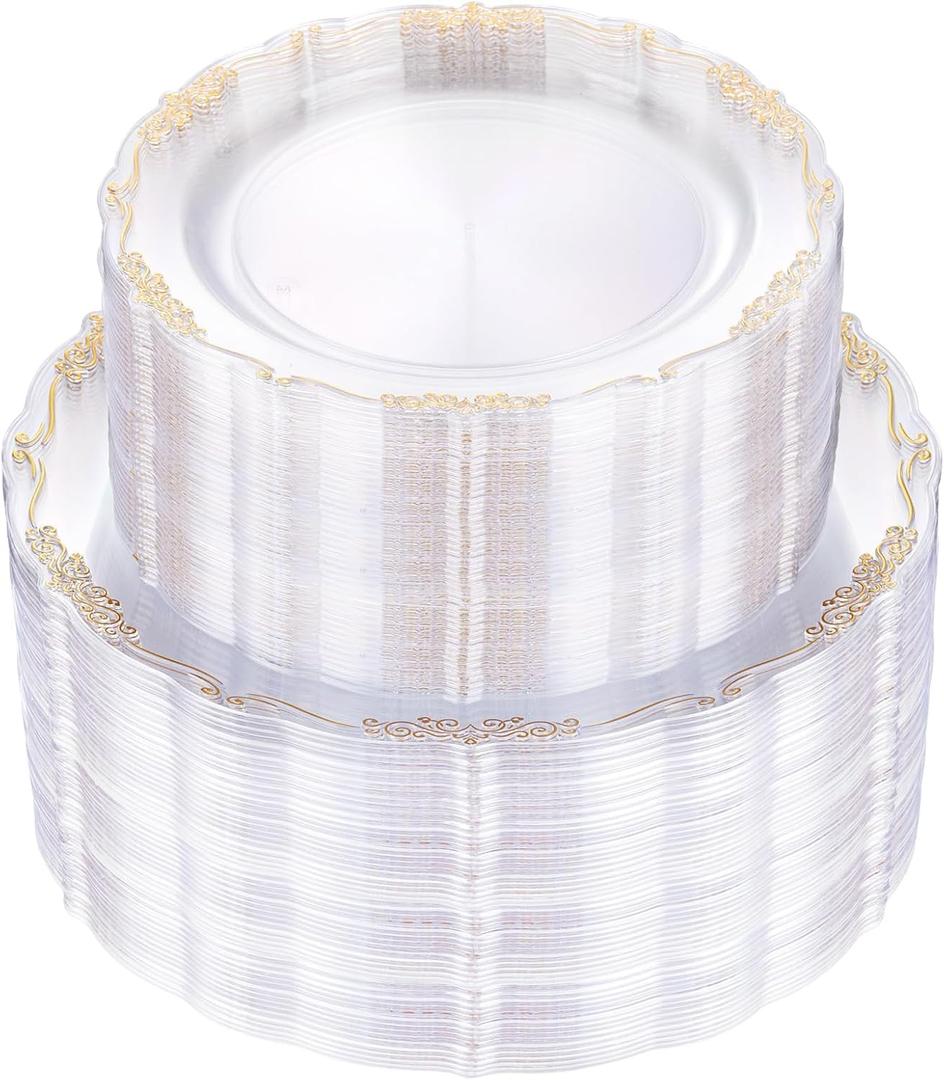 U-QE 100PCS Clear Gold Plastic Plates - Disposable Heavy Duty Clear Plates with Gold Rim Including 50PCS 10.25'' & 50PCS 7.5'' Perfect for Party, Weddings