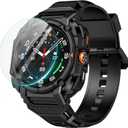 Goton Rugged Band for Samsung Galaxy Watch 8 Ultra Case with Band & Screen Protector for Galaxy Watch 8 Ultra Soft Strap with Rugged Protective Cover for Men - Black
