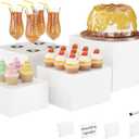 Metal Buffet Risers, 4PCS Food Risers for Buffet Table 5in to 8in Display Stand with Mini Acrylic Signs for Catering Dessert Collectibles Jewelry Figures Show Grayish White Cube Boxes Nesting Risers with Hollow Bottoms