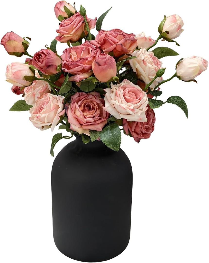 Artificial Flowers with Vase, 15 Heads Silk Roses, Flowers for Centerpieces, Matte Black Metal Vase, Modern Farmhouse Decor, Tabletop Decorations for Party, House Stuff for New Home, 8.6"