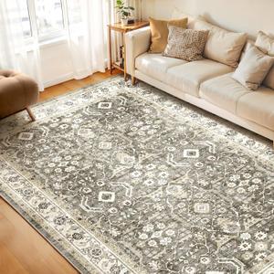 WITSHOCK Living Room Area Rugs 8x10: Washable Rug Boho Soft Non-Slip Low Pile Stain Resistant Foldable Carpet for Bedroom Playroom Dining Room Office Kitchen Farmhouse Home Decor Rug-Brown/Beige