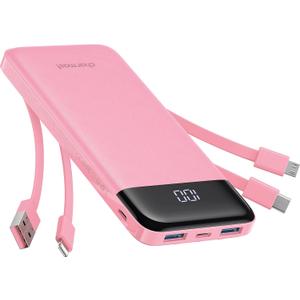 Portable Charger with Built in Cables, Portable Charger with Cords Wires Slim 10000mAh Travel Essentials Battery Pack 6 Outputs 3A High Speed Power Bank for iPhone Samsung Pixel LG Moto iPad (Pink)