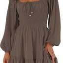 LILLUSORY Women's Long Sleeve Mini Cottagecore Dresses 2026 Fall Outfits Square Neck Casual Flowy Short Dress Fashion (Medium, Brown)