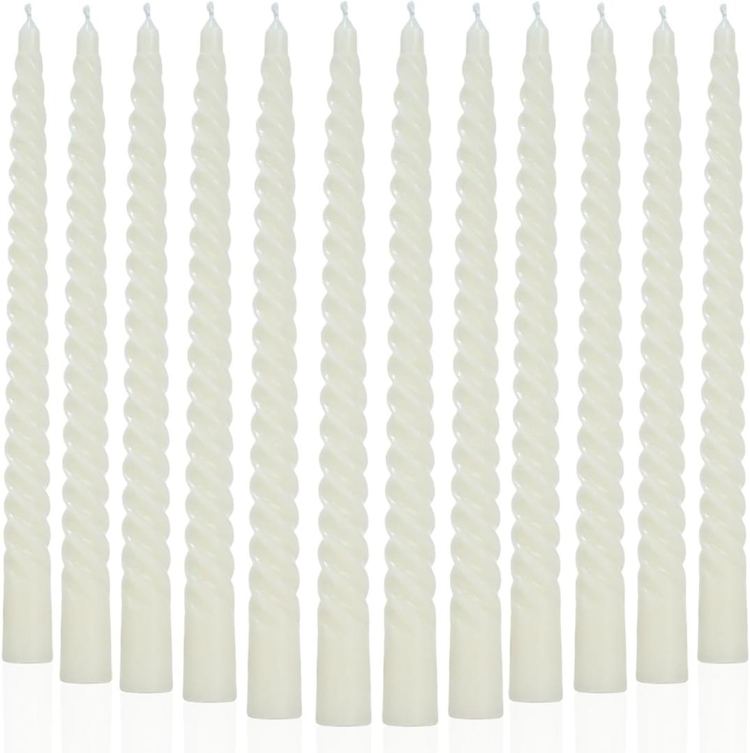 Ivory Taper Candles Stick Spiral Twisted Candles-Set of 12 for Decoration Weddings Party Church-Unscented Dripless Candles,10inch(F-Ivory)