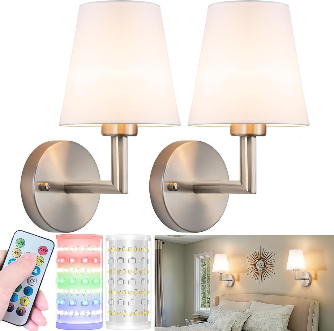 Nekhung Battery Operated Wall Sconces Set of 2, Wireless Wall Light with 10000mAh RGB Dimmable Magnetic Bulb, Rechargeable Wall Sconce with Remote Control for Bedroom Living Room (Nickel-13inch)