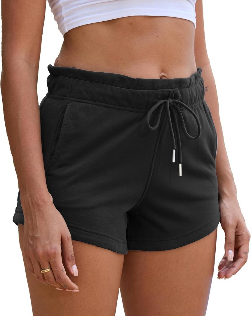 Women's Sweat Shorts Cotton French Terry Drawstring Summer Workout Casual Lounge Shorts with Pockets, Large, Black