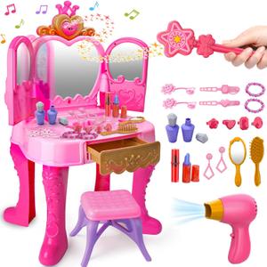 Toddler Vanity Magic Makeup Set Table & Chair Girl Toy Automatically Mirror with Music Light Pink Toys for 2 3 4 Year Old Girl Hair Salon Pretend Play Princess Dress Up Playset Valentine Gift Age 3-5