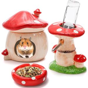 Hacaroa 3 Pack Ceramic Hamster Hideout, Mushroom Shape Guinea Pig Food Bowl Cute Water Bottle with Stand, Cool Hamster Bed House Small Animal Cage Accessories for Dwarf Hamsters, Mice, Gerbils