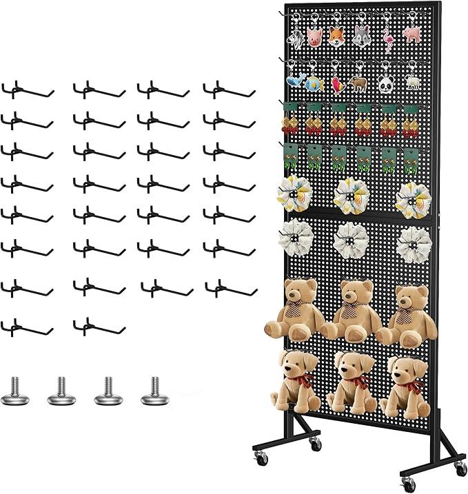 24" X70” Peg Board Display Stand with Wheels,Metal Peg Board with Extra 30 Hooks,Pegboard Display Rack with T-Base for Vendors Craft Shows & Retail Store, Black