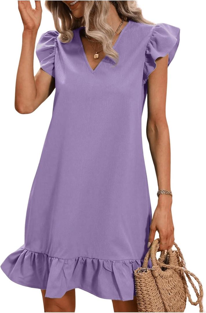 SOLY HUX Summer Dresses for Women V Neck Cap Sleeve Ruffle Hem Smock Short Dress (Plain Purple) XL