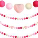 Tatuo 3 Pieces Valentines Day Felt Garlands Decorations Red Pink Heart Ball Garland Hanging Pom Pom Banners 6.56 ft Felt Garland Banner for Party Home Wall Decor(Eye-catching Colors)