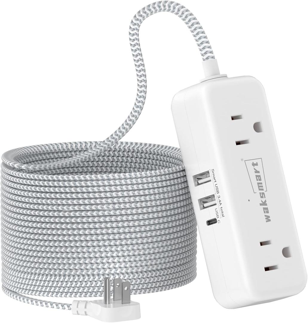 Flat Extension Cord 25 FT with 4 AC Outlets 3 USB Ports (5V/3.4A 17W), 25Ft Long Braided Cord for Home Office Dorm