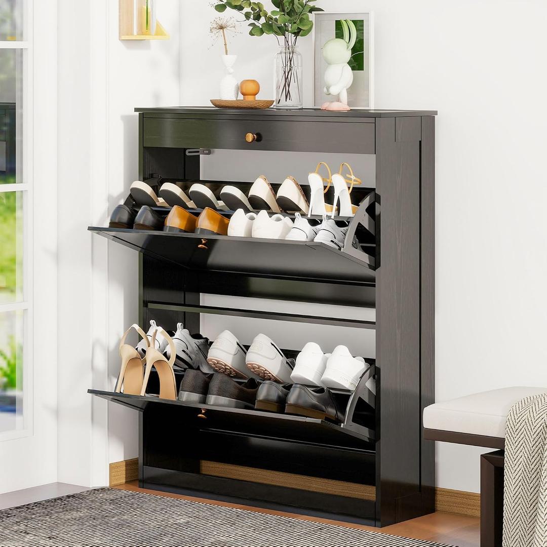 Wood Shoe Storage Cabinet, Hidden Shoe Rack Cabinet with 2 Flip Drawers, Large