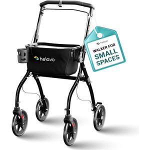 Helavo Lightweight Foldable Narrow Walker for Small Spaces  23.6" Wide, Indoor Walker for Seniors with Tray, Adjustable Height, 8" Wheels, Easy Braking, Ideal for Tight Spaces (Black)