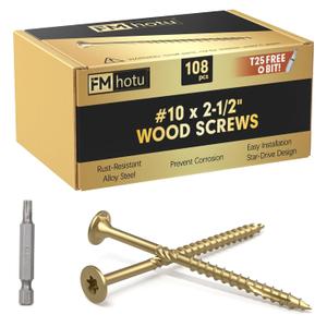 #10 x 2-1/2 Deck Screws, 108Pcs Star Drive Wood Screws, Rust Resistant Timber Screws for Timber/Log/Landscaping Wood, T25 Star Bit Included, Gold