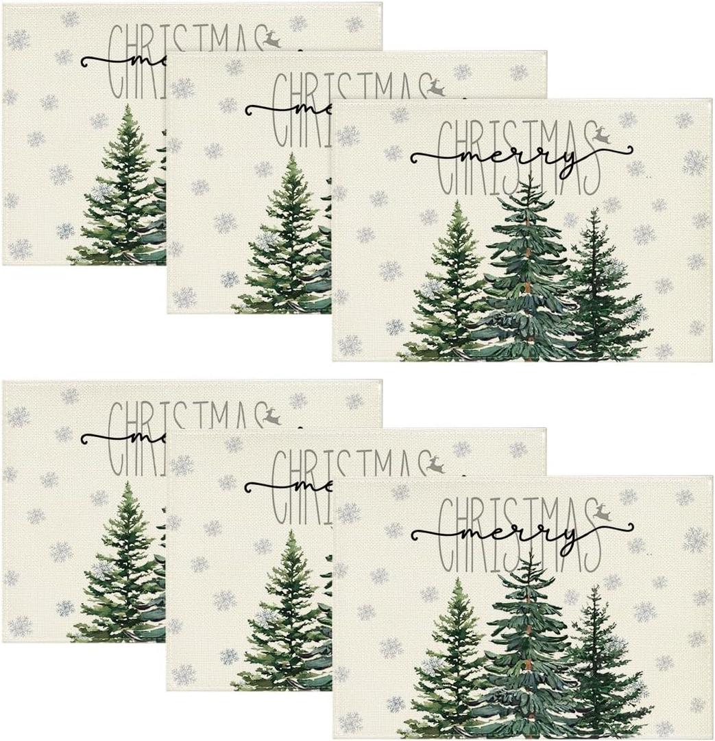 Artoid Mode Beige Pine Tree Snowflake Merry Christmas Placemats Set of 6, 12x18 Inch Seasonal Winter Xmas Holiday Table Mats for Party Kitchen Dining Decoration