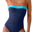 Eomenie Women's One Piece Swimsuit Tummy Control Ruched Bathing Suit Full Coverage Slimming Swimwear Color Block Swim Suit (Orange-blue-royal Blue)