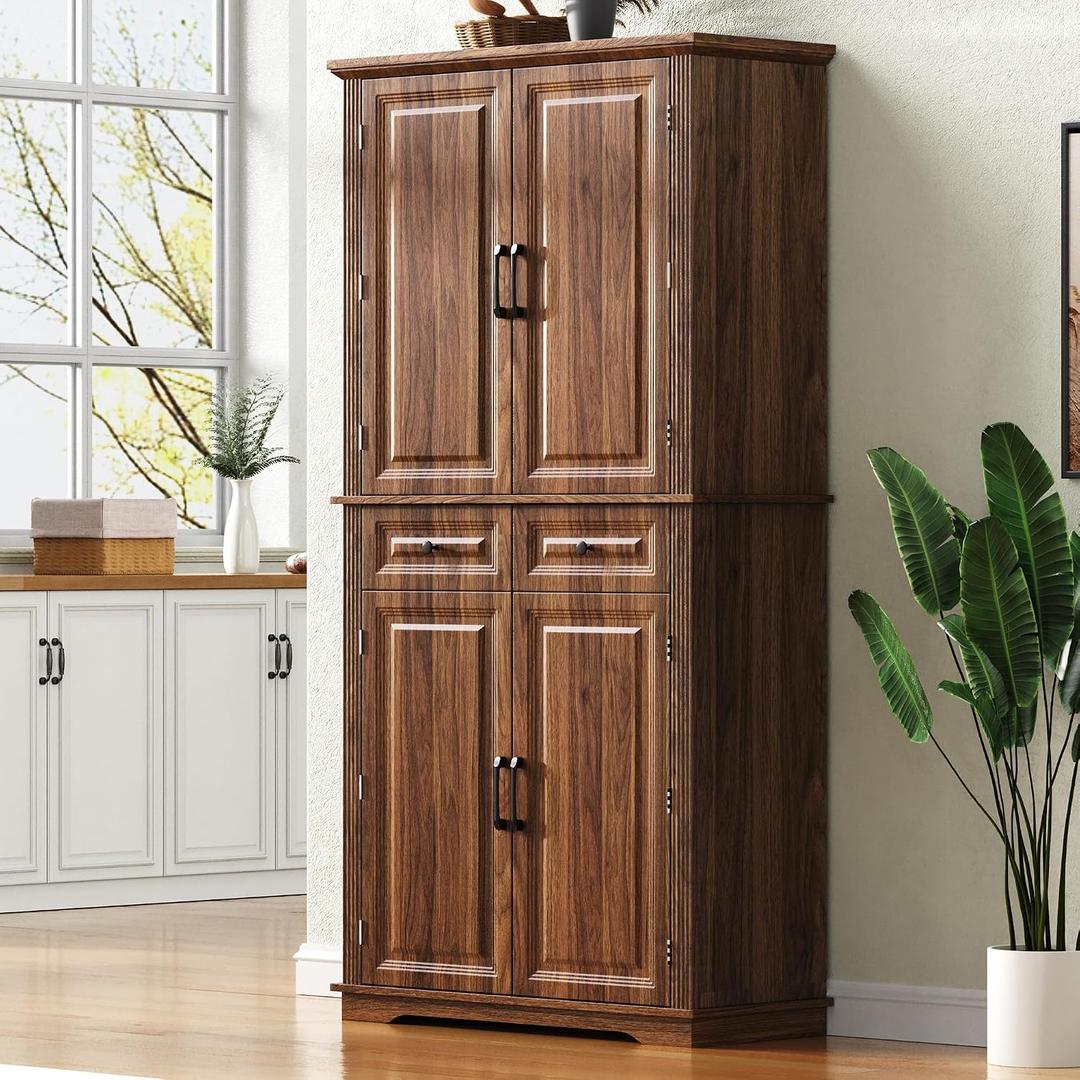 GDFStudio Hakf 71" Tall Kitchen Pantry Cabinet, 3 Pull Out Pantry Cabinet Organizers, Spacious Storage Organizer with 6 Door Shelves, 2 Drawers, Freestanding Cupboard for Kitchen Dining Room, Brown, 31.50"W x 15.75"D x 71.25"H