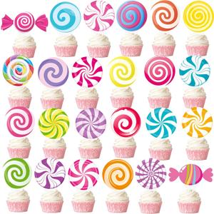 48pcs Round Lollipop Cupcake Toppers Candyland Birthday Party Decorations Colorful Candyland Cupcake Toppers decorations for Lollipop Theme Party Sweet Candy Party Baby Shower Supplies
