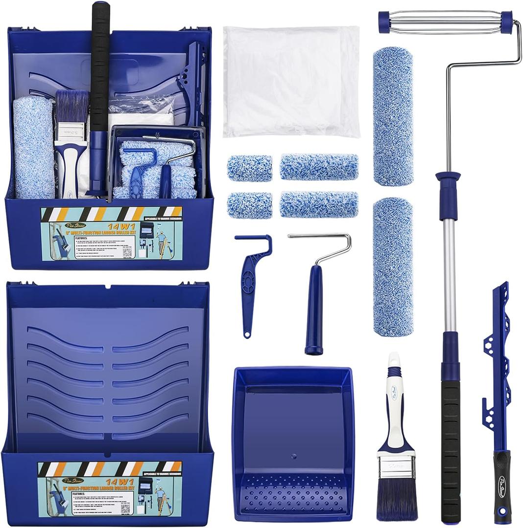 15pcs Paint Roller Kit - 12" Ladder Paint Tray, 9" Extendable Paint Roller (18-36 Inch), 4" 2" Mini Roller Frame with Microfiber Covers, Large Paint Kit for Painting Walls, Ceilings, Floors