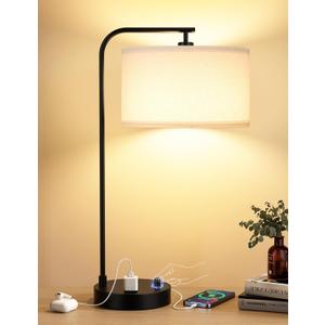 Innqoo White Side Table Lamp with USB Port and Outlet, Dimmable Nightstand Bedside Lamps with Linen Lampshade, Desk Lamp for Bedroom, Living Room, Guest Room, Home Office, LED Bulb Included