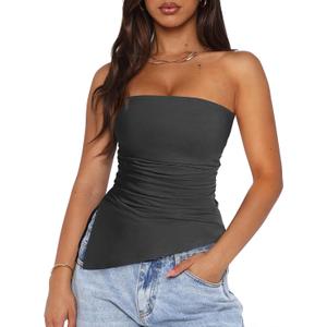 PRETTYGARDEN Tube Tops for Women Trendy Summer 2026 Spring Fashion Going Out Y2K Clothes Asymmetrical Ruched Strapless Shirts, S
