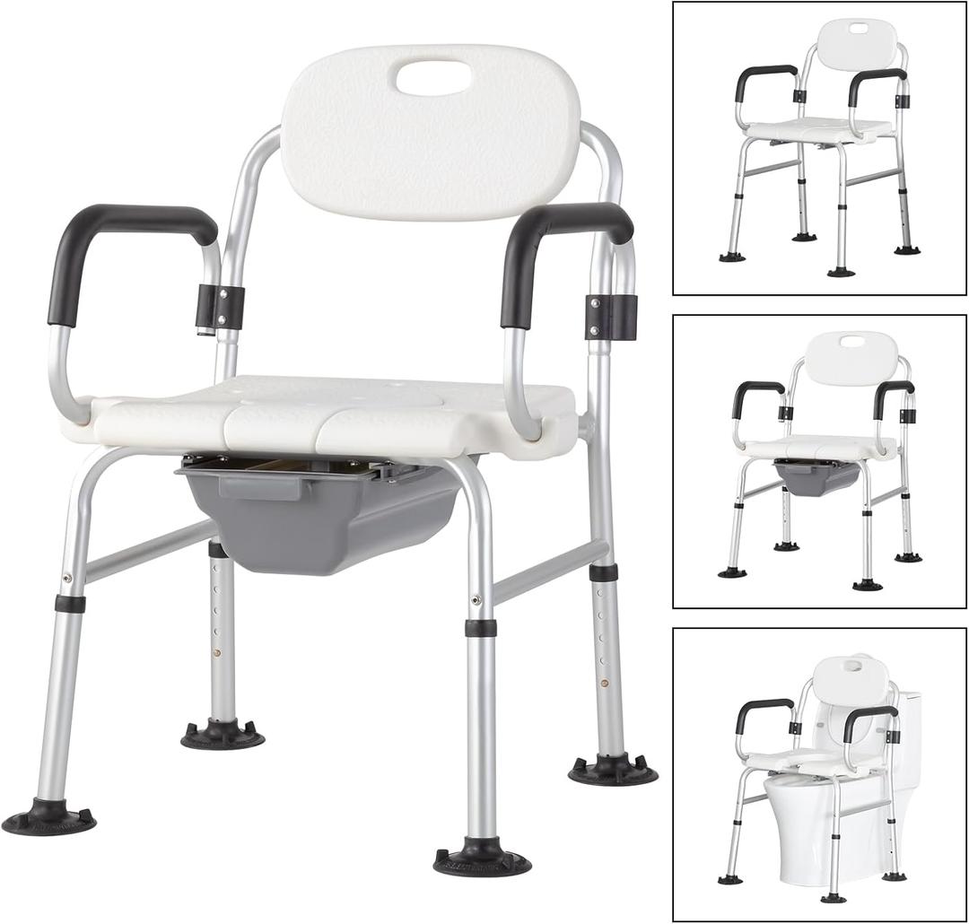 Bedside Commode Chair for Elderly, Versatile 3 in 1 Shower Chair with Arms and Back, Raised Toilet Seat with Removable Commode, Adjustable Leg Height, Non-Slip Seat, 400 lbs Capacity