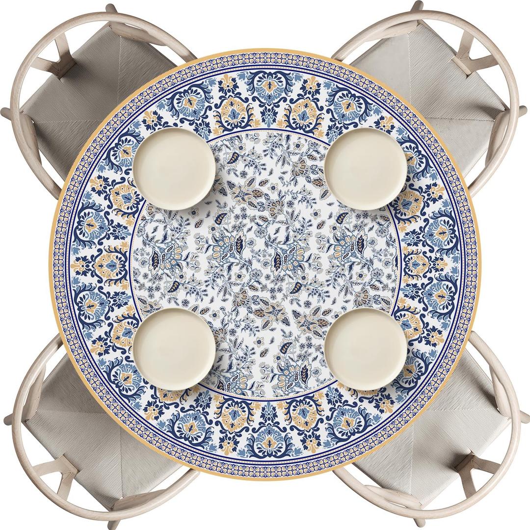Horaldaily Regular Fitted Tablecloth 45"-56" Round, Boho Bohemia Vintage Blue and White Porcelain Patterned Washable Table Cover Elastic Edged for Dinning, Picnic, Camping, Banquet