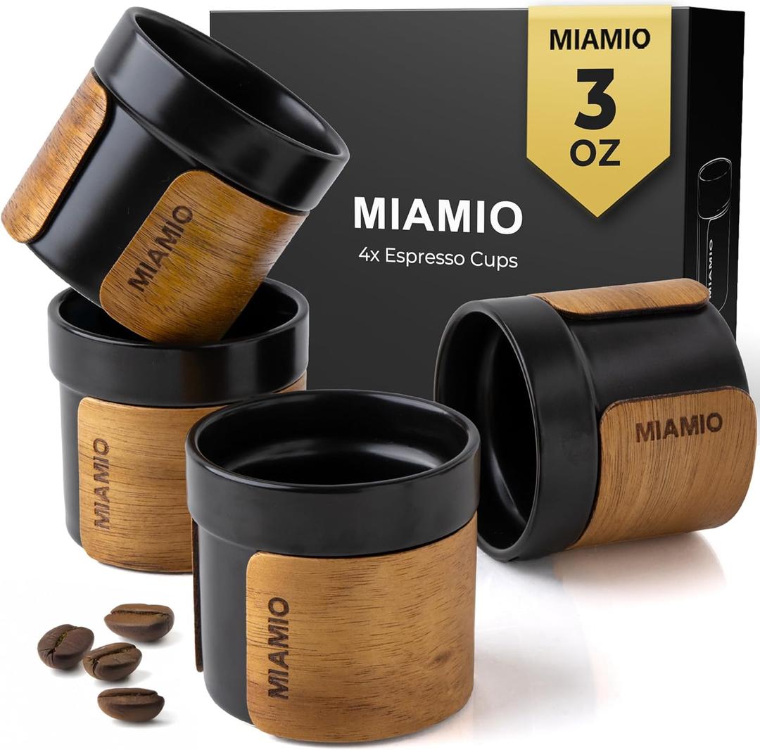 MIAMIO  Espresso Cups Set of 4 (3.5 oz) Japanese Tea Cups Ceramic/Handleless Mug with removable Wooden Cuff/Coffee Cups without Handle (Black)