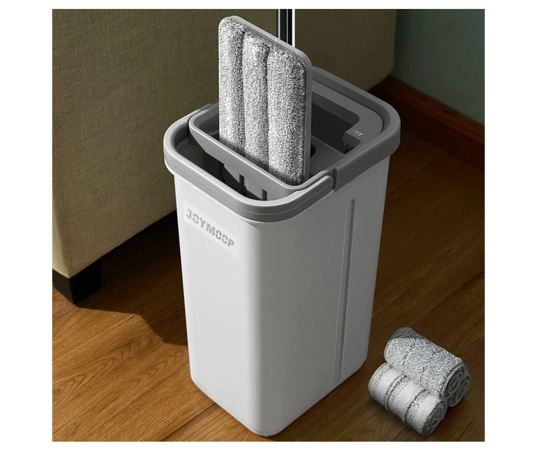 JOYMOOP Mop and Bucket with Wringer Set, Hands Free Flat Floor Mop and Bucket, with 3 Washable Microfiber Pads, Wet and Dry Use, Floor Cleaning System