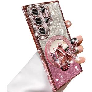 Changjia for Samsung Galaxy S26 Ultra Magnetic Glitter Case,[Compatible with MagSafe] Bling Sparkly Diamond with Camera Protector&Butterfly Kickstand&Makeup Mirror Women Girls Case for S26 Ultra, Pink