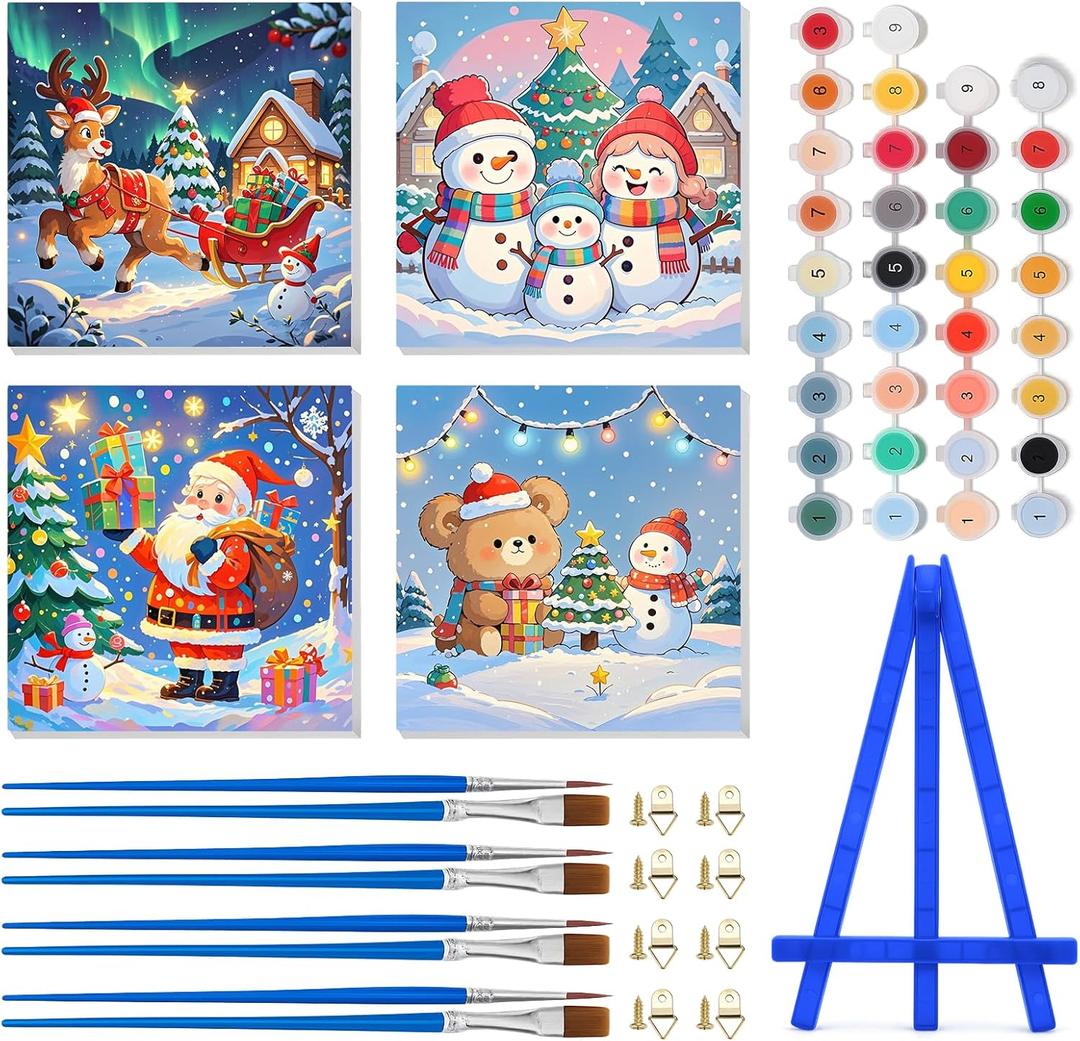 Vodolo 4 Pack Christmas Paint by Numbers Snowman with Frame,Easy DIY Christmas Painting Kit
