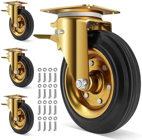 WBD WEIBIDA 8 In Heavy Duty Plate Casters Set of 4, 3200 Lbs Industrial Rubber Wheels for Cart Furniture and Workbench,Outdoor Castors Dual Locking Replacement (4 Brakes, Free Spanner)