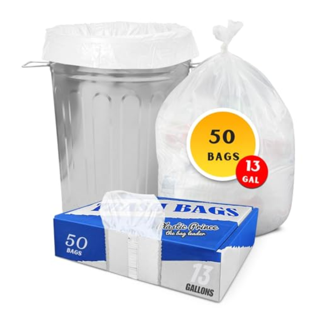 PLASTIC PRINCE 13 Gallon Trash Bags, 12-16 Gallon Black Kitchen Bags, 1.3 Mil, Heavy Duty, Fits Round and Square 12-16 gal Trash Cans, 24" x 31" Garbage Trash Can Liners (50 Pack, White)