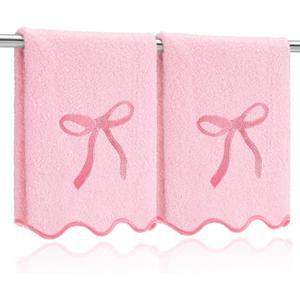 SmoothNovelty 2 Pcs Fingertip Towels for Bathroom 12 x 18 Inch Small Fingertip Towels with Scalloped Pink Bow Design Embroidery Coquette Bow 100% Cotton Soft Absorbent Guest and Housewarming Gift