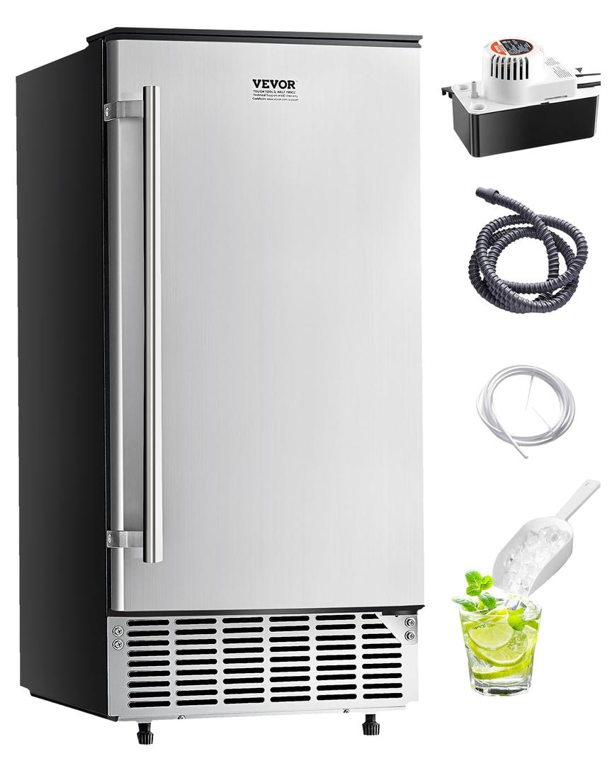 VEVOR Under Counter Ice Maker Machine, 80 Lbs/Day Stainless Steel Built-in Ice Maker with Drain Pump Reversible Door, 26lbs Storage Freestanding Ice Maker for Commercial Home Kitchen