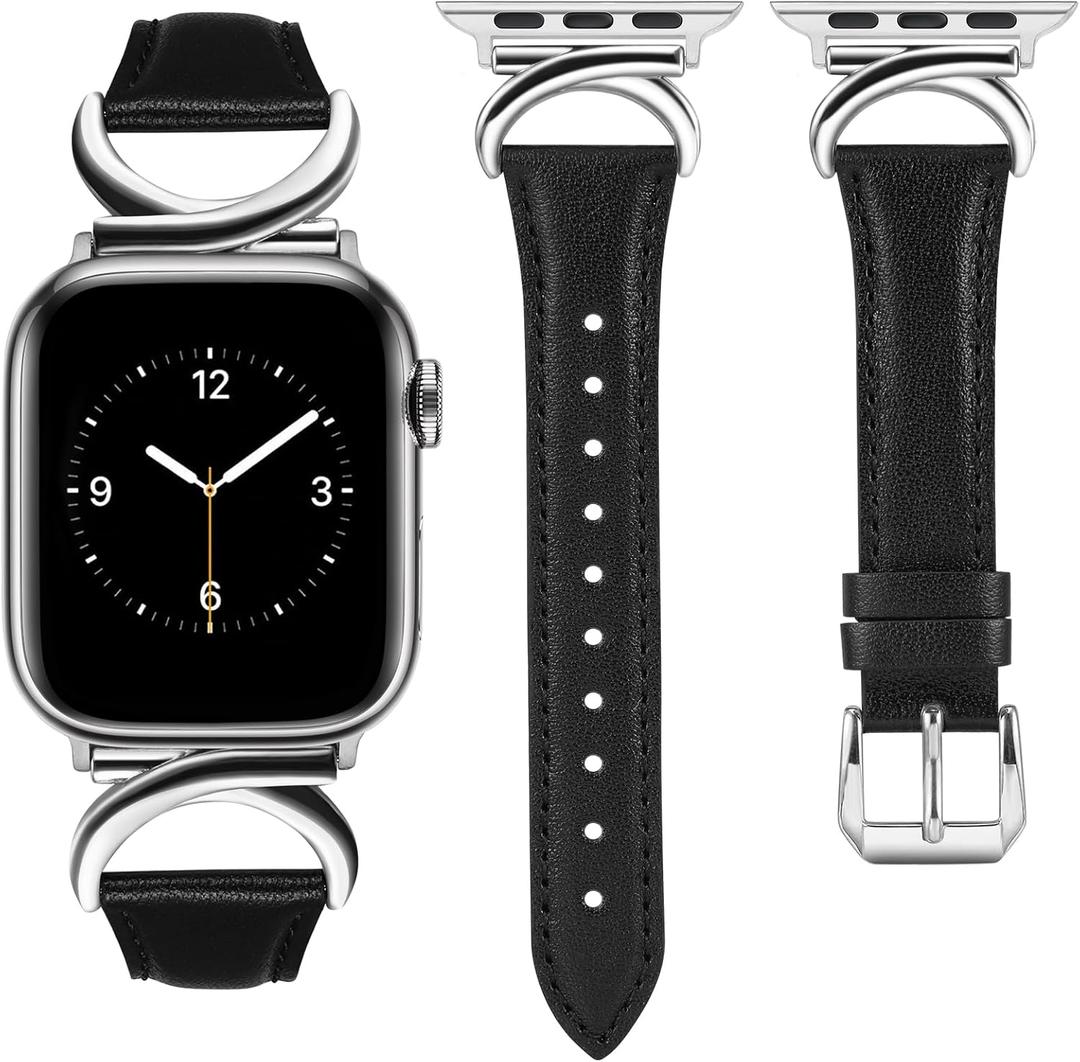 Minyee Leather Bands Compatible with Apple Watch Band 41mm 40mm 38mm 42mm 44mm 45mm 46mm 49mm Women, Slim Thin Dressy Strap with C-Shape Metal Buckle for iWatch Series 10 9 Ultra SE 8 7 6 5 4 3 2 1