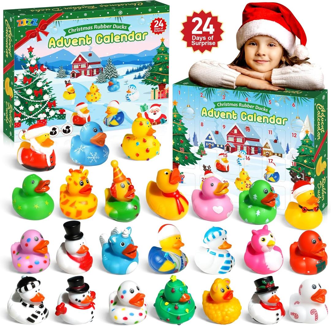ZIZZ Advent Calendar 2025 Christmas Rubber Ducks: 24 Days Christmas Countdown Calendar Gifts for Kids Holiday Party Favor Ducky Duck Bath Toy for Baby Toddler Girls Boys 3+ Year old Fun Xmas Gift